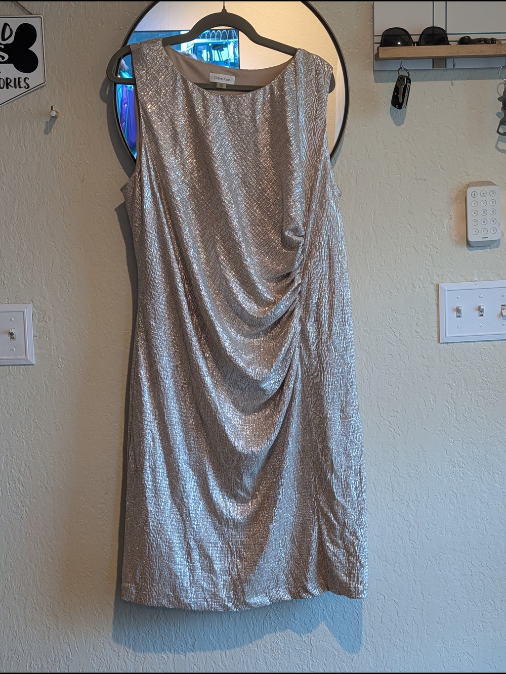 Calvin Klein Silver Metallic Sleeveless Draped Midi Dress
